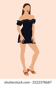 Abstract faceless portrait of a woman with brown hair in a short black dress, minimalist design featuring a stylish female figure, isolated vector illustration