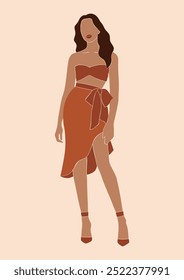 Abstract faceless portrait of a woman with in an orange terracotta summer outfit, minimalist design featuring a stylish female figure, isolated vector illustration