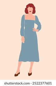 Abstract faceless portrait of a woman with red hair in a blue dress, minimalist design featuring a stylish female figure, isolated vector illustration
