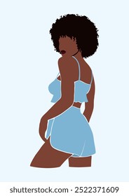 Retrato sem rosto abstrato de uma jovem mulher negra em pijamas azuis, menina afro em roupas de dormir confortáveis, mulher elegante de cor em loungewear, ilustração vetor isolado