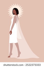 Abstractas retrato sin rostro de la mujer negra joven en un vestido blanco del resbalón, señora en vestido blanco, mujer hermosa del color en ropa de salón, Ilustración vectorial aislada