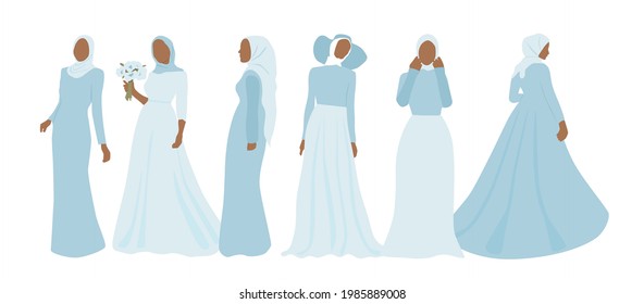 Abstract faceless portraits of  women in dress and hijab. Set of beautiful muslim brides. Modern vector illustration isolated on white background.