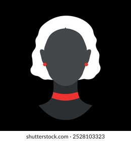 Abstract faceless silhouette of a woman with bob haircut in red choker and earrings. Dark female silhouette avatar emblem. Vector illustration