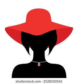 Abstractas silueta sin rostro de una mujer con sombrero rojo. Silueta femenina oscura aislada sobre fondo blanco. Ilustración vectorial