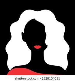 Abstractas silueta sin rostro de una mujer con labios rojos. Silueta femenina oscura aislada sobre fondo negro. Ilustración vectorial