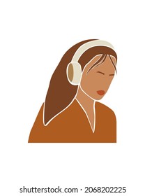 Abstract faceless woman in headphones. Girl listen to an audio recording with headphones. Modern vector illustration on white background.