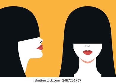 Abstract faceless woman portrait front and side view. Brunette female with long bangs covering her eyes. Red lips. Full face and profile portrait on yellow background