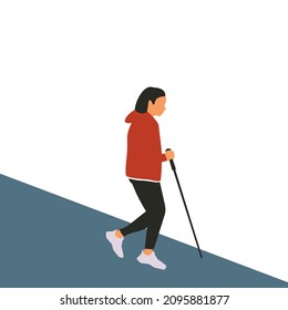 Abstract Faceless Woman In Red Coat Hiking Illustration, Hand Drawn Vector Illustration.