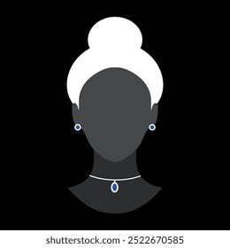 Abstractas silueta de mujer sin rostro en collar y pendientes azules. Silueta femenina oscura emblema del avatar. Ilustración vectorial