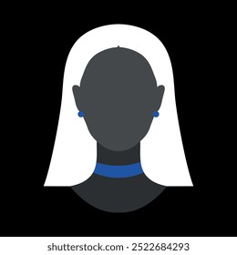 Abstract faceless woman silhouette in blue choker and earrings. Dark female silhouette avatar emblem. Vector illustration