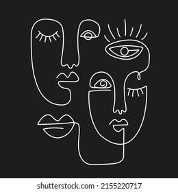 Abstract faces art. Vector illustration. Black and white. Black background. One line drawing. 