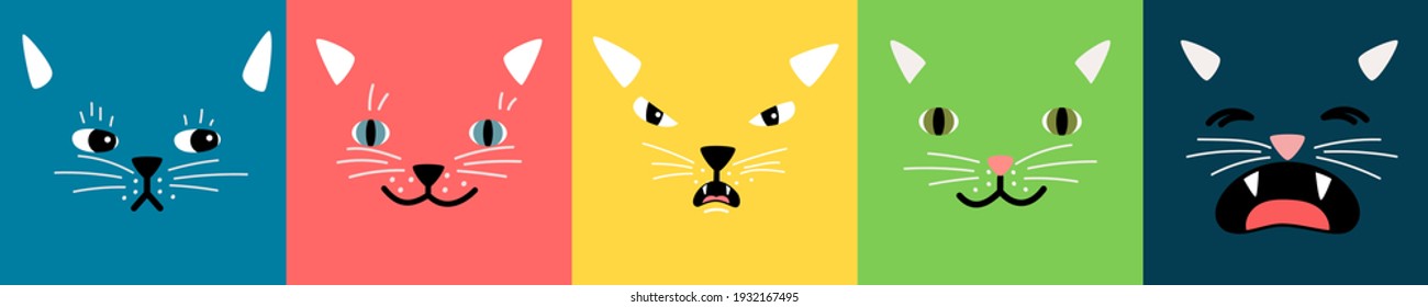 Abstract faces. Cats square emotional face, kitty emoticons. Bright diverse cartoon doodle pets muzzles vector set