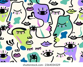 Abstract faces with color shapes on beige background, fashion pattern with seamless repetition ideal for shirts, dresses,