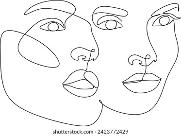 Abstract faces continuous drawing. Couple print, kiss print, Valentine's Day illustration. Poster about love. Romantic couple.