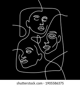 Abstract faces continuous line illustration. Minimalist face art. Black and white. Black background. One line drawing.