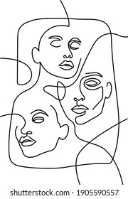 Abstract faces continuous line illustration. Minimalist face art. Black and white. White background. One line drawing.