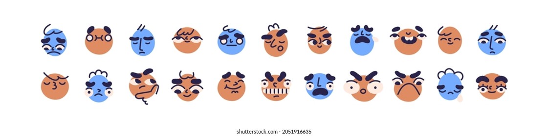 Abstract faces with cute and funny facial expressions set. Happy and sad avatar icons with comic positive and negative emotions. Colored flat vector illustration of heads isolated on white background - Shutterstock ID 2051916635