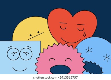 Abstract faces with different emotions. Geometric characters, cartoon style.