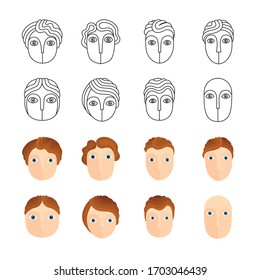 Abstract faces icons in cartoon character and hand drawn outline vector illustrations style. Simple sketch drawing people avatars. Part of set.