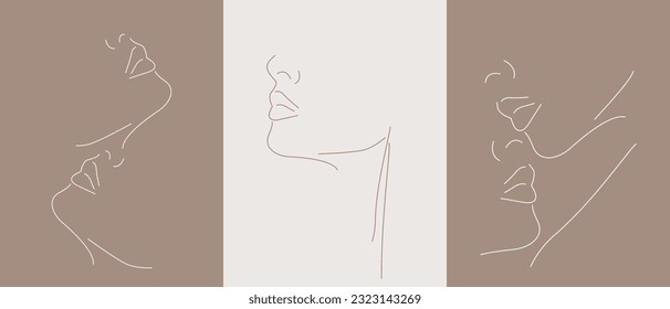 Abstract faces line art set of three vector illustrations.