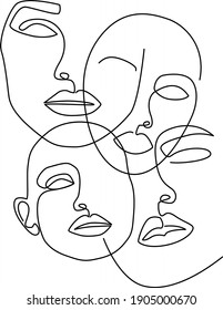 Abstract faces line illustration. Minimalist face art. Black and white. White background. One line drawing.