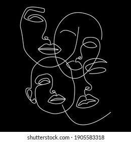 Abstract faces line illustration. Minimalist face art. Black and white. Black background. One line drawing.