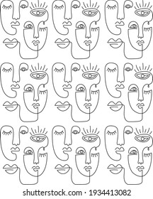 Abstract faces line minimalistic vector pattern illustration. Black and white. White background. One line drawing.