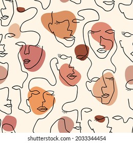 Abstract Faces Line Seamless Pattern, Single Line Art Female Face Vector. Contemporary woman faces line art. Continuous line illustration with pastel colors