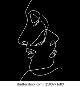 Abstract faces line vector illustration. Minimalistic art male and female. Black and white. Black background. One line drawing.