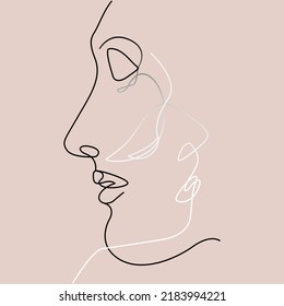 Abstract faces line vector illustration. Minimalistic art male and female. Black and white. Pastel color background. Pink. One line drawing.