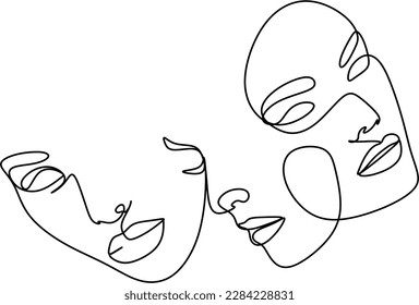 Abstract faces line vector illustration  Minimalistic art male   female  Black   white  White background  One line drawing 