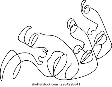 Abstract faces line vector illustration. Minimalistic art male and female. Black and white. White background. One line drawing.