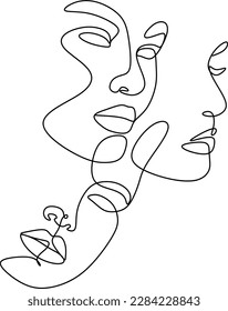 Abstract faces line vector illustration. Minimalistic art male and female. Black and white. White background. One line drawing.