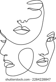 Abstract faces line vector illustration. Minimalistic art male and female. Black and white. White background. One line drawing.