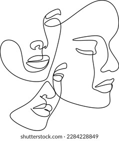 Resumen de la ilustración vectorial de línea de caras. Arte minimalista masculino y femenino. Blanco y negro. Fondo blanco. Dibujo de una línea.