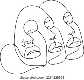 Resumen de la ilustración vectorial de línea de caras. Arte minimalista masculino y femenino. Blanco y negro. Fondo blanco. Dibujo de una línea.
