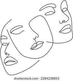 Abstract faces line vector illustration. Minimalistic art male and female. Black and white. White background. One line drawing.
