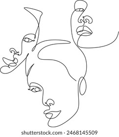 Ilustración vectorial de líneas de caras Abstractas. Arte minimalista masculino y femenino. Blanco y negro. Fondo blanco. Dibujo de una línea.  Sin inteligencia artificial 