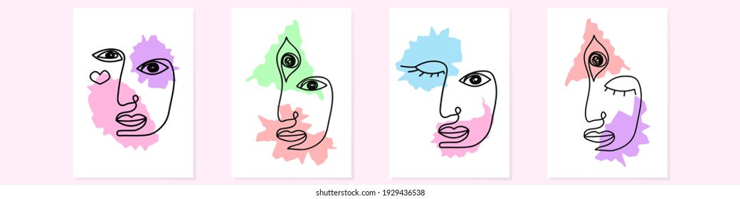 Abstract faces meditating people set. Linear profiles characters with pink third eye who comprehended self awareness and purple astral who love green world and cover their eyes in vector reverie.