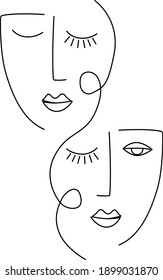 Abstract faces. Minimalist faces illustration on white background. Black and white. One line drawing.