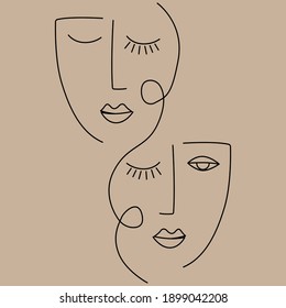 Abstract faces. Minimalist faces illustration on pastel background. One line drawing.