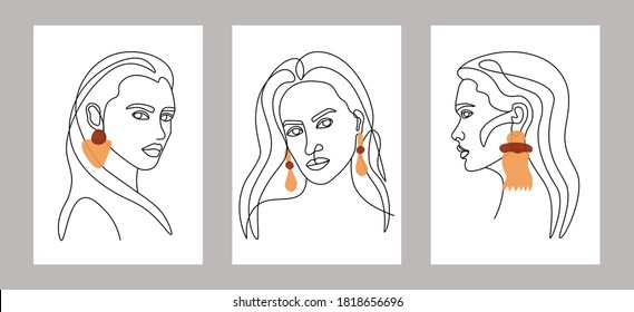 Abstract faces. Modern female silhouettes. Set of trendy hand drawn outline vector illustrations. Minimalistic posters, continuous line portraits with earrings in pastel colors