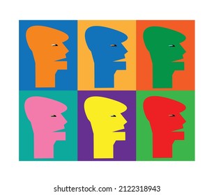 Abstract faces in a modern fine art painting. Set of vector multicolored psychedelic stylized talking heads. Pop Art. Template for sales, picture, poster, postcard.