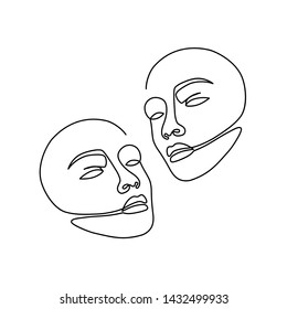 Abstract faces one line drawing isolated on white background. Portrait in modern minimalistic style. Hand drawn vector illustration