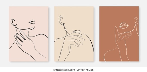 Abstract Faces One Line Drawing Prints Set. Creative Contemporary Abstract Line Drawing. Modern Fashion Vector Minimalist Design for Wall Art, Print, Card, Poster.	