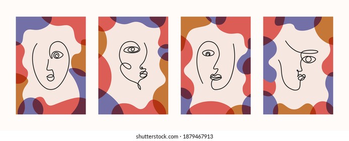 Abstract faces and organic shapes backgrounds. One line hand drawn portraits for social media stories, posters. Contemporary vector art