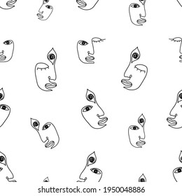 Abstract faces pensive and sleeping linear people seamless pattern. Contour portraits drawn with one black line of beautiful characters with closed and third eyes looking into vector distance.