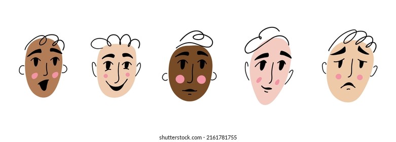 Abstract faces of people with diverse emotions. Joy, sadness, surprise, neutral face. Vector illustration.