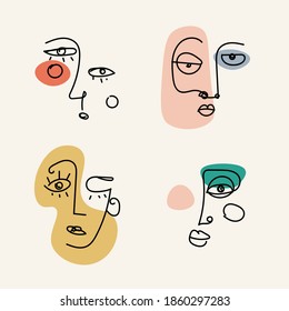 Abstract faces of people. Set of 4 Various Faces and abstract shapes. Ink painting style. Contemporary Hand drawn Vector illustrations. Line art, minimalists concept. 