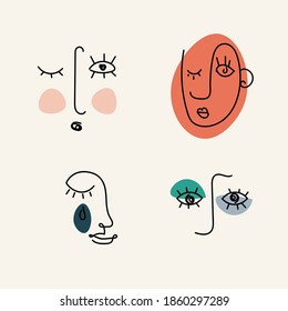 Abstract faces of people. Set of 4 Various Faces and abstract shapes. Ink painting style. Contemporary Hand drawn Vector illustrations. Line art, minimalists concept. 
